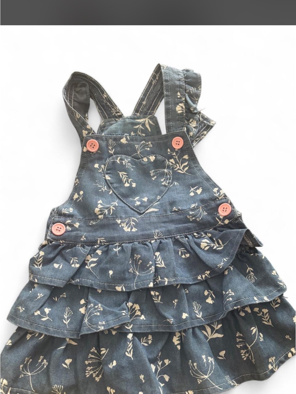 Denim-Blue Floral Ruffle Overall Dress for Girls